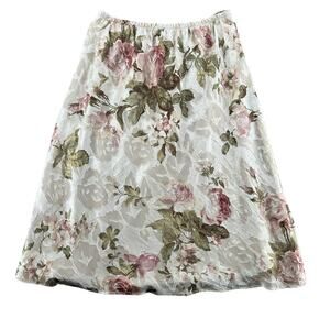 Vintage Pastel Cream Floral Y2K Midi Skirt 8 Petite Boho Feminne Pink Fairy